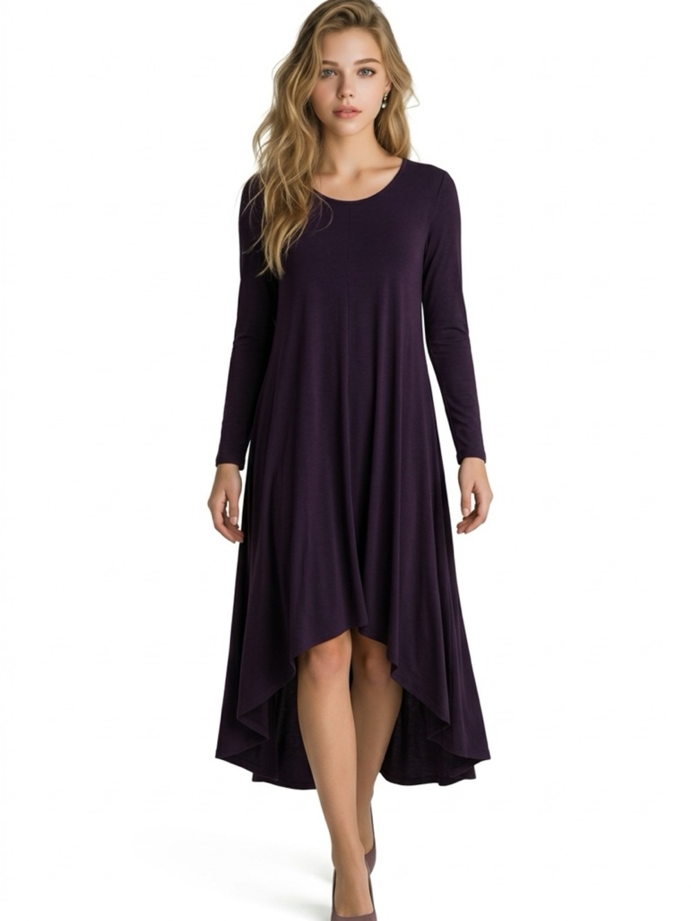 Long Sleeve High-Low Swing Dress in Deep Plum